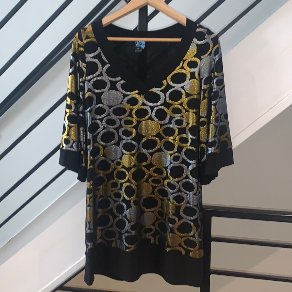 Clara SunWoo black silver gold metallic circle mini tunic dress bell sleeves XS